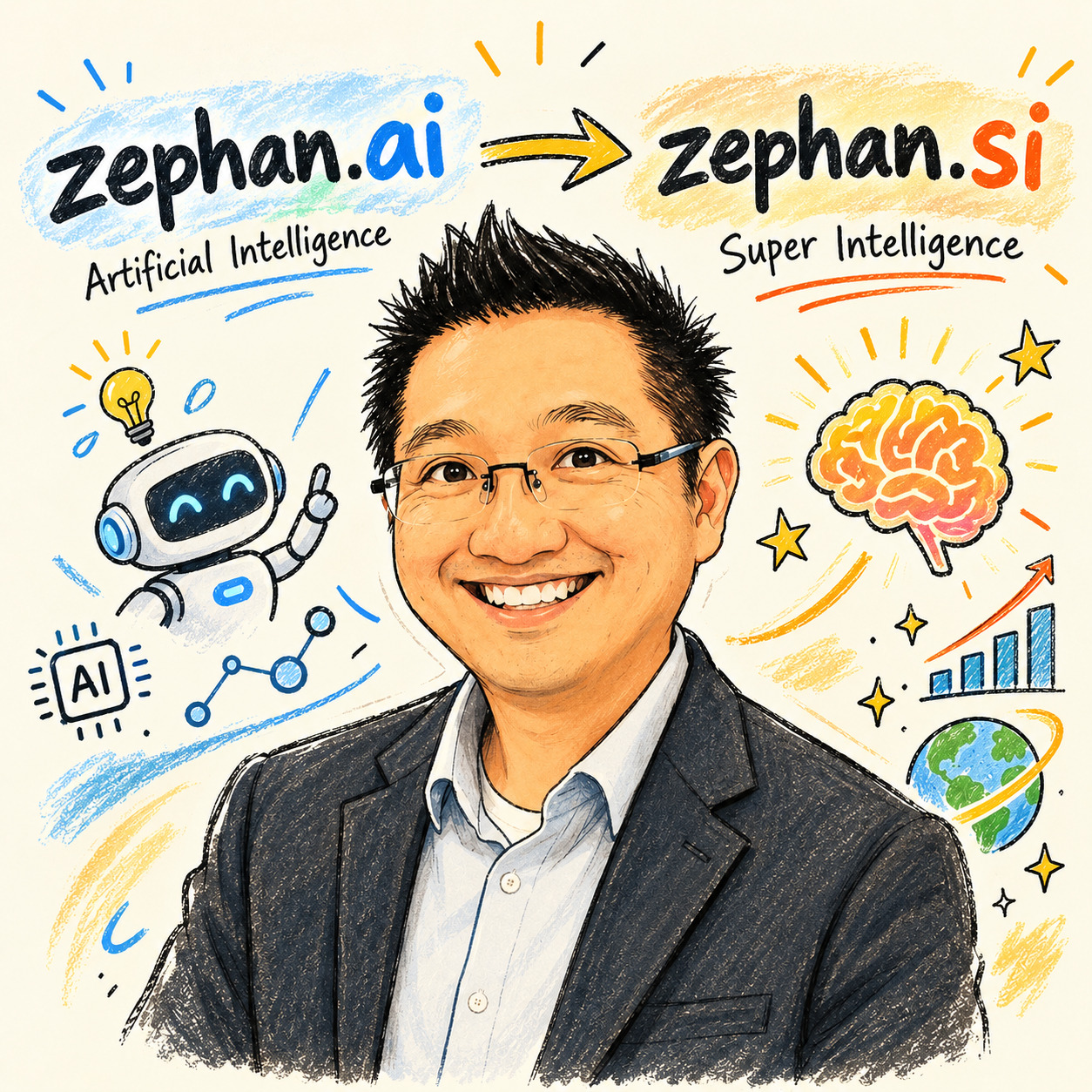 Playful hand-drawn portrait of Zephan surrounded by a friendly robot and brain doodles, with zephan.ai pointing to zephan.si